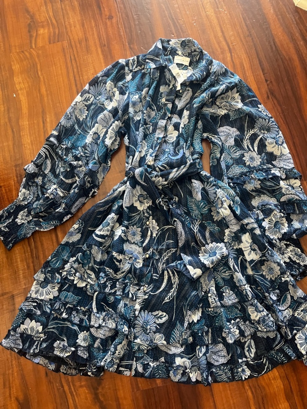 New Miss June Navy and White Floral Tie-Waist Tiered Dress size free